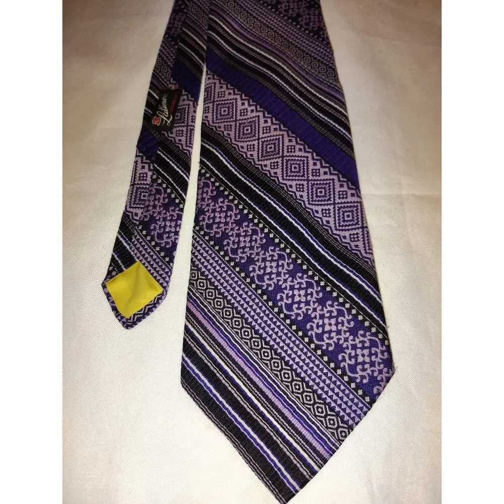Vintage 1970s Polyester Latimer Purple Black Lavender Geometric Stripe Necktie